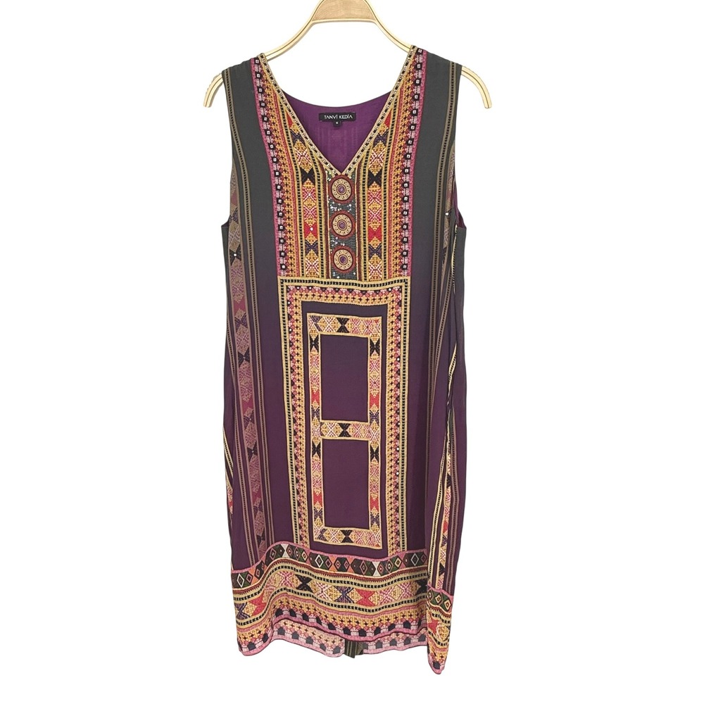Tanvi Kedia Shift Dress Womens Medium Purple Excellent Embroidered Beaded Boho